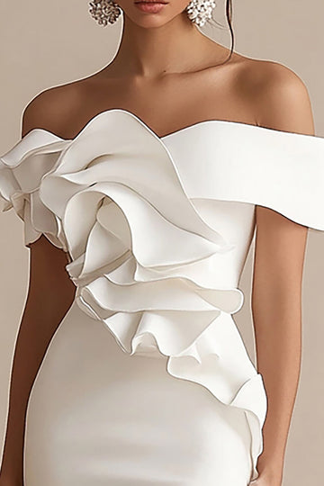 White Off The Shoulder Satin Ruffled Graduation Dress